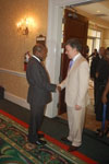 St. Kitts and Nevis Prime Minister and Chairman of CARICOM, the Hon, Dr. Denzil L. Douglas (left) greets the President of Colombia, His Excellency Juan Manuel Santos (Photo:  Erasmus Williams)